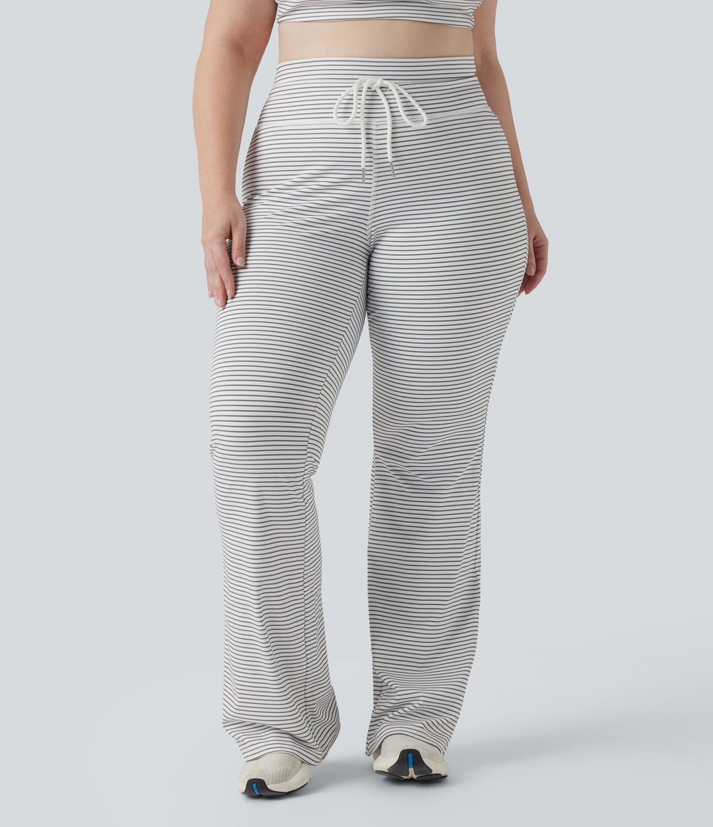 Pantalon de yoga grande taille ample taille haute à cordon, rayé, avec poches