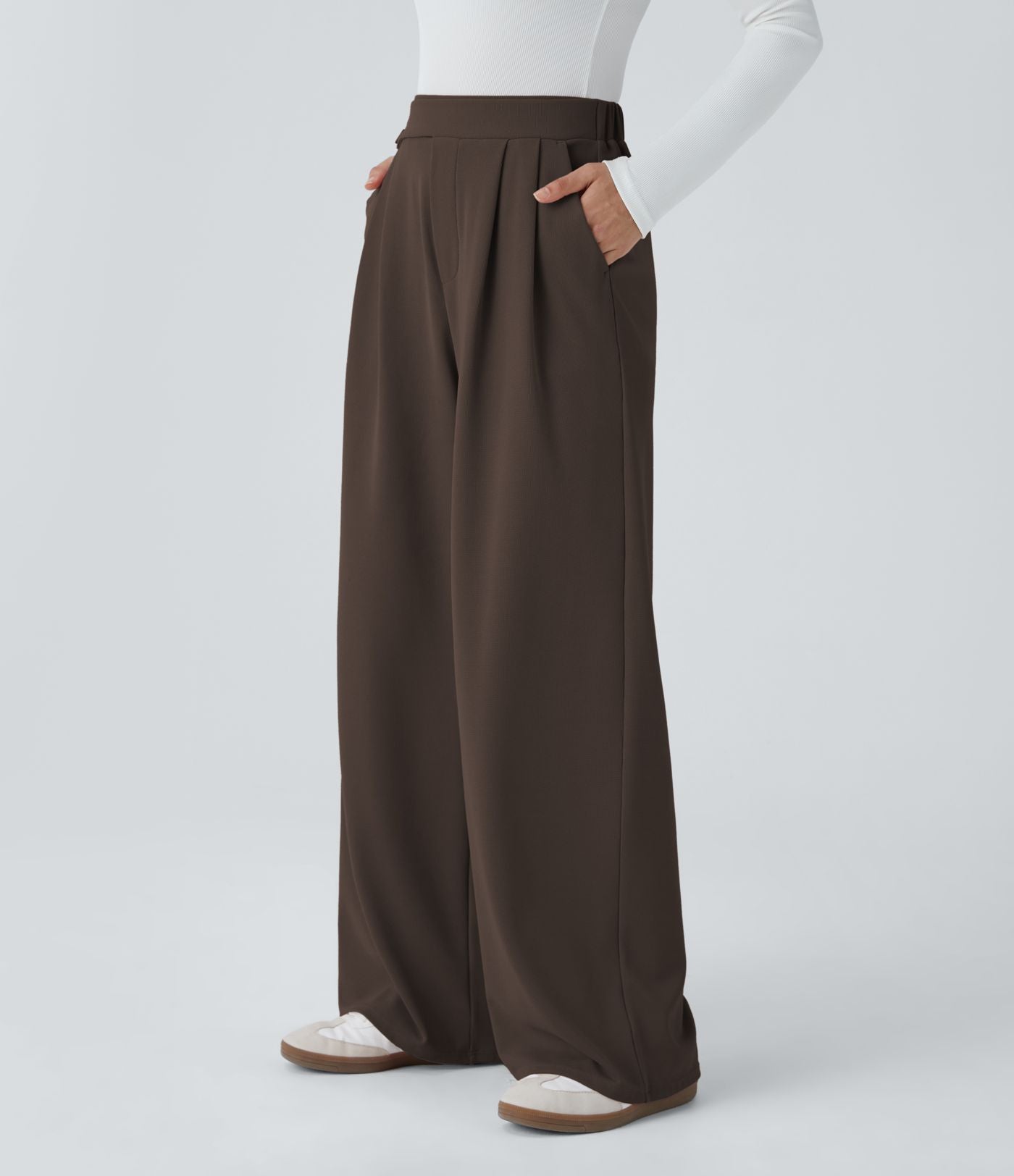 Pantalon taille haute décontracté large en maille gaufrée, avec poches