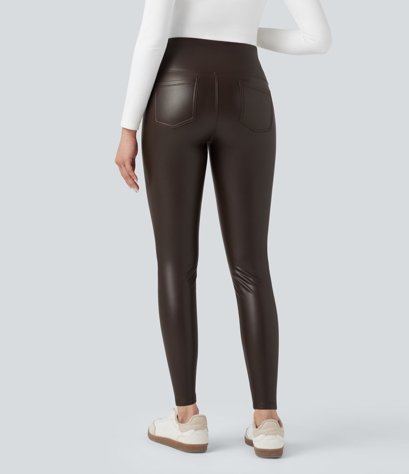 Pantalon 7/8 moulant décontracté polaire gainant taille haute extensible effet cuir avec poches