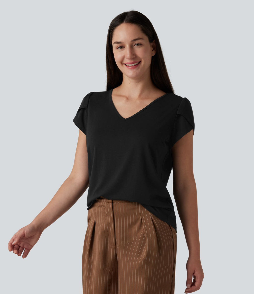 T-shirt casual col V manches courtes pétale