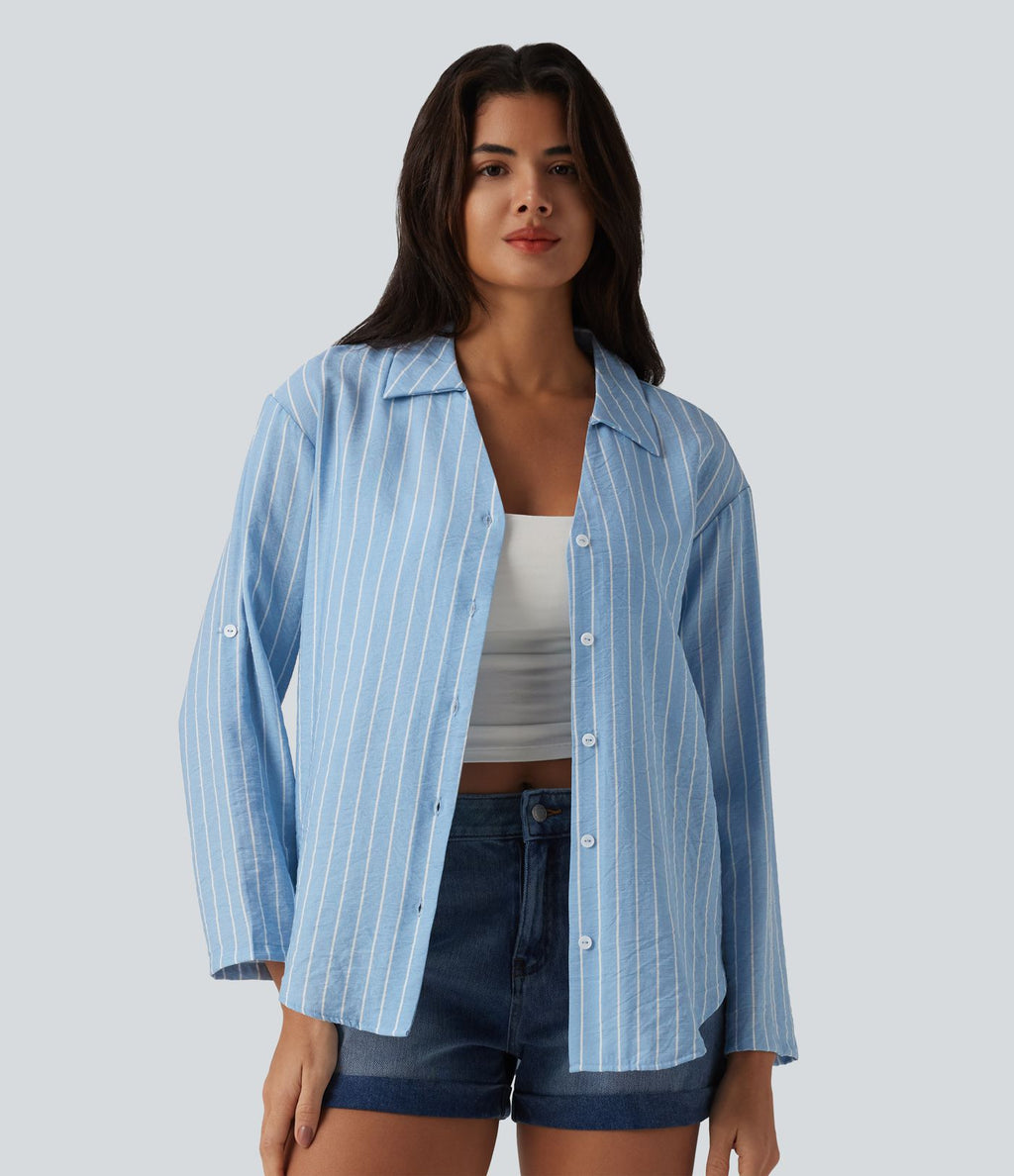 Chemise casual à rayures aspect lin col V manches longues retroussables et ourlet arrondi