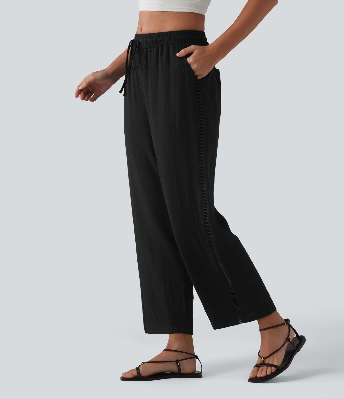 Pantalon droit taille mi-haute aspect lin avec cordon de serrage et poches