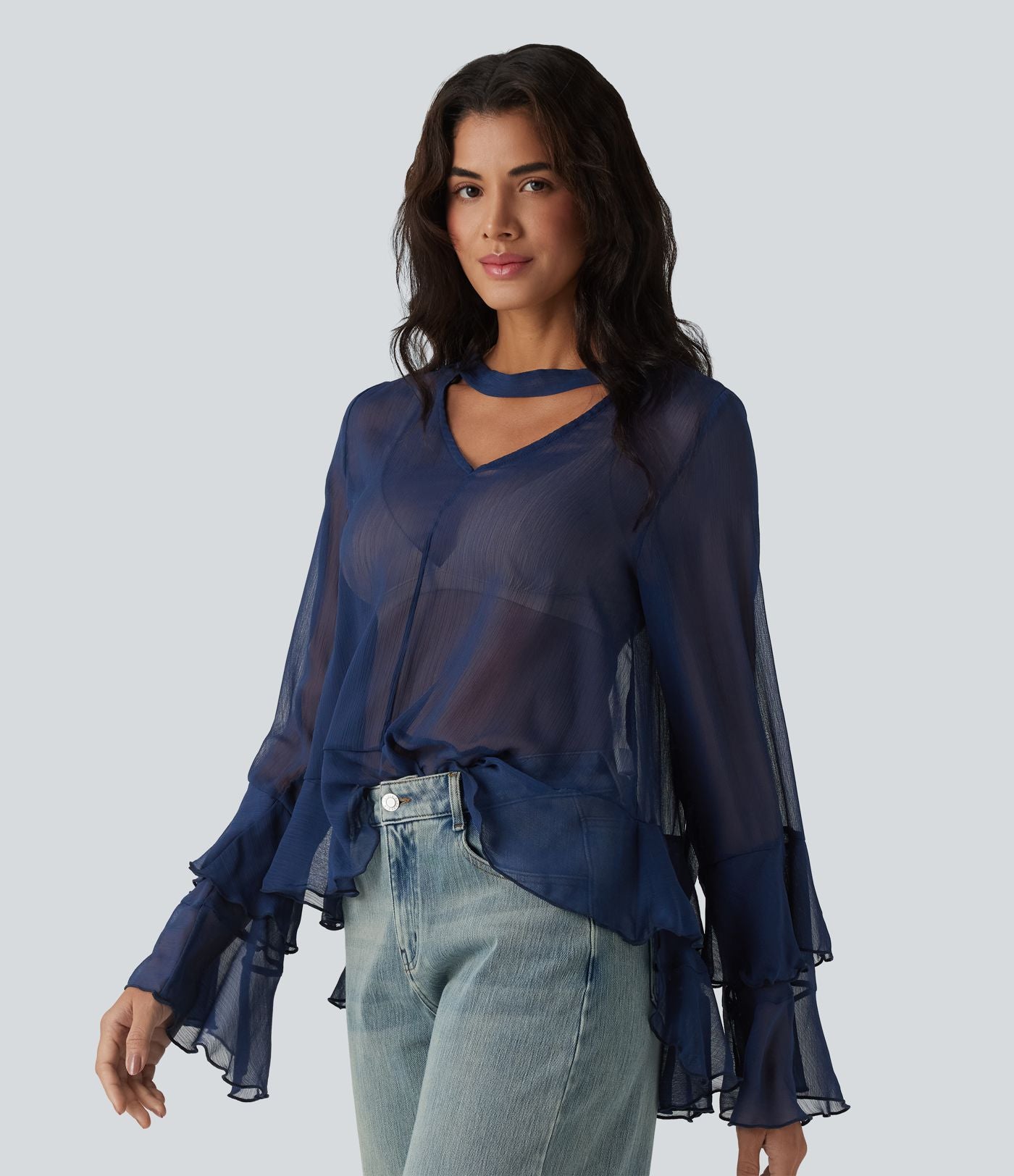 Chemise casual transparente col V manches longues à volants