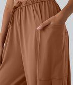 Pantalon Large Fluide Taille Mi-Haute Taille Élastique Cordon Poches Latérales Ourlet Flottant