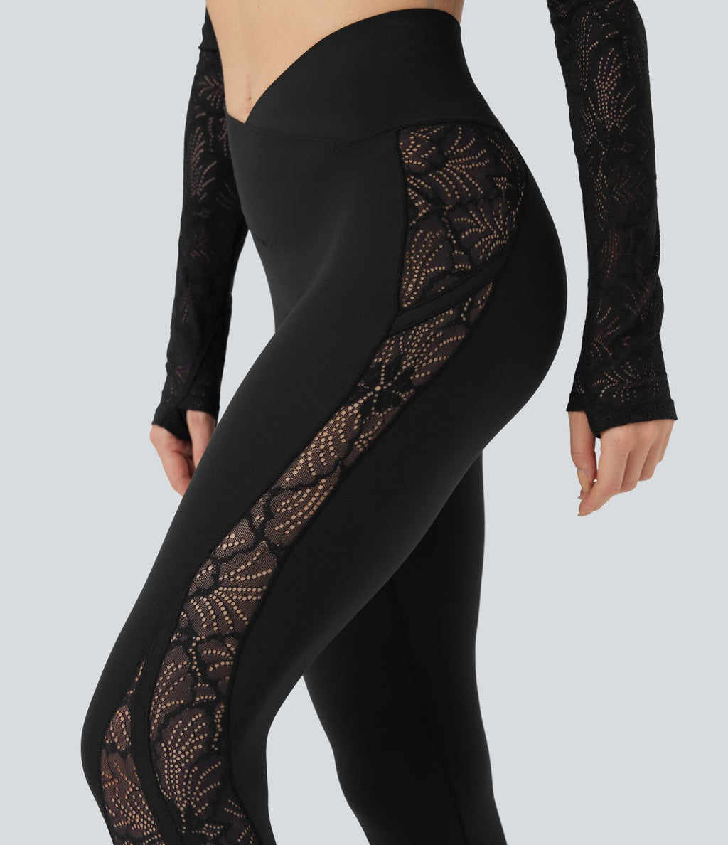 Legging de yoga SoftlyZero™ croisé taille mi-haute dentelle contrastante avec poche - UPF50+