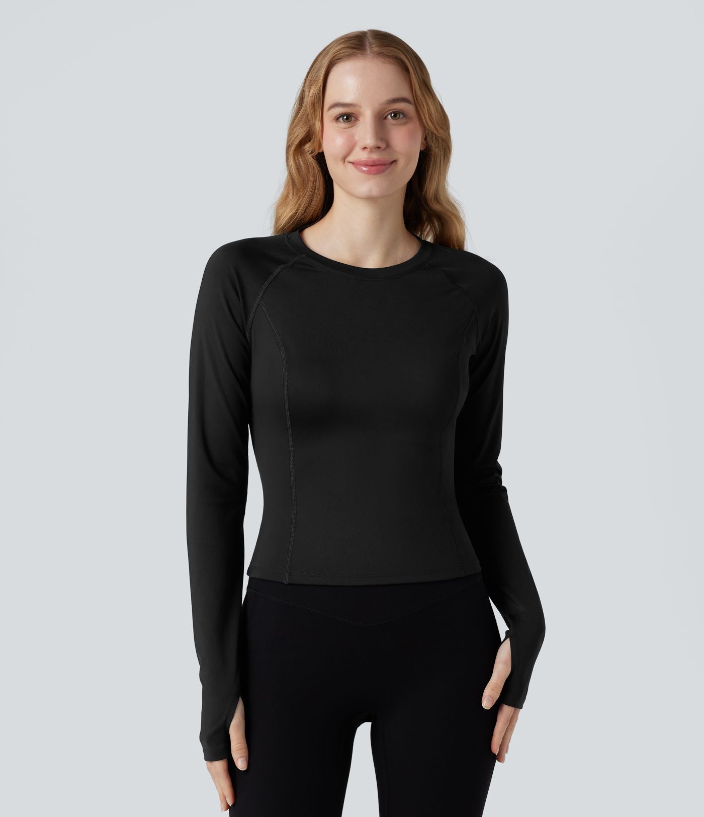 Haut de sport yoga SoftlyZero™ Airy col rond mesh contrastant effet frais InstantCool manches longues avec passe-pouces, protection solaire UPF50+