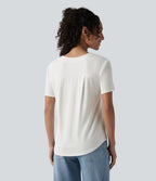 T-shirt décontracté col V manches courtes ourlet arrondi