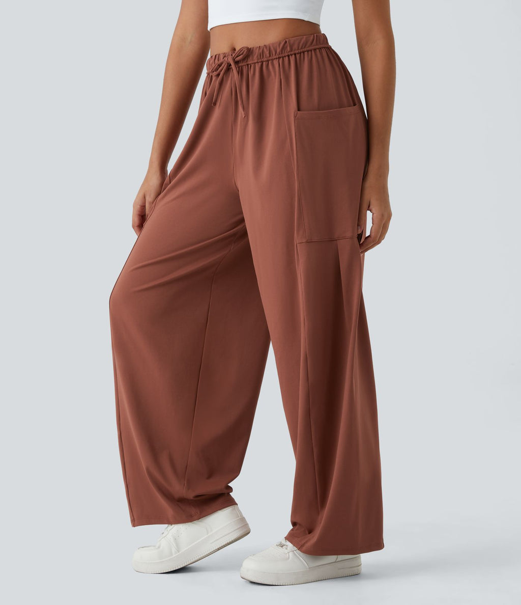 Pantalon Large Fluide Taille Mi-Haute Taille Élastique Cordon Poches Latérales Ourlet Flottant