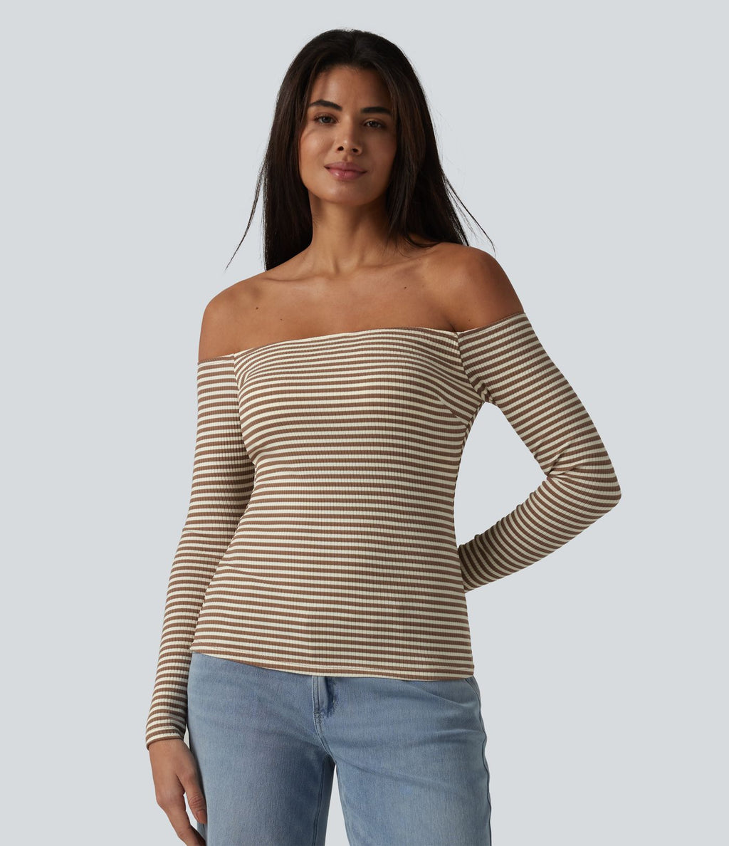 T-shirt casual rayé en maille côtelée à épaules dénudées, manches longues et soutien-gorge intégré