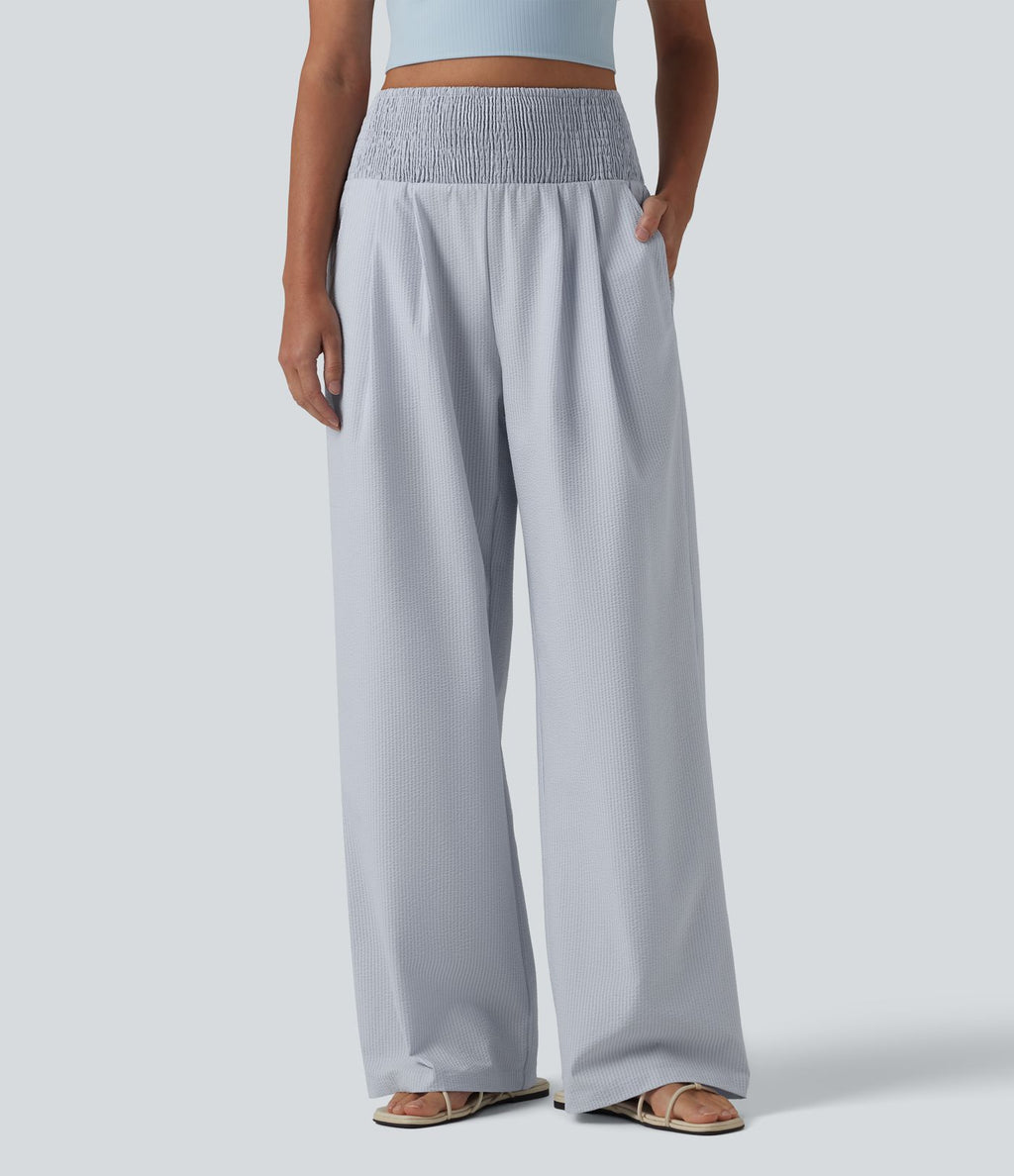 Pantalon large taille haute en tissu froissé froncé séchage rapide avec poches