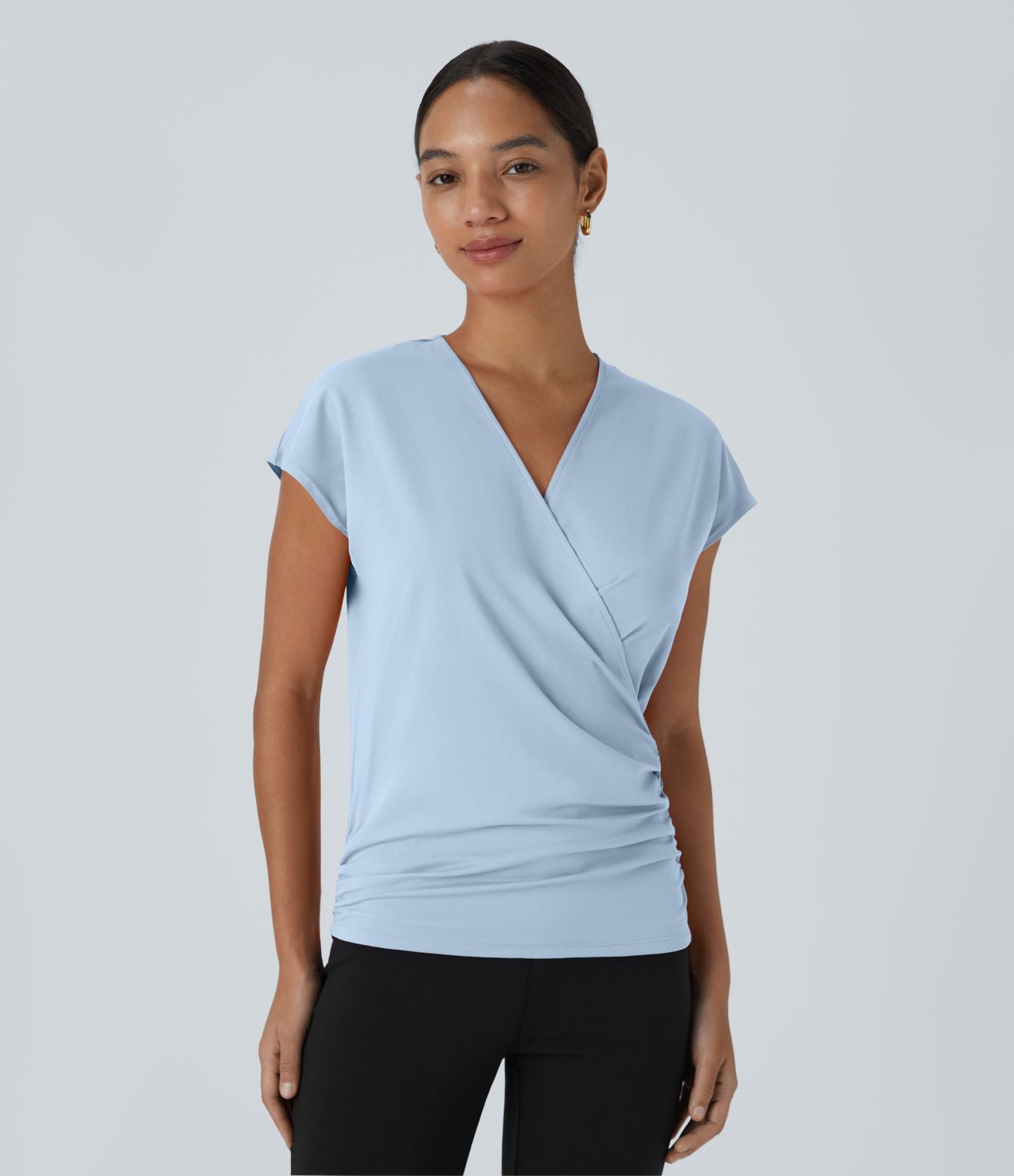 Blouse Travail Unie Froncée Croisée Manches Courtes Col en V