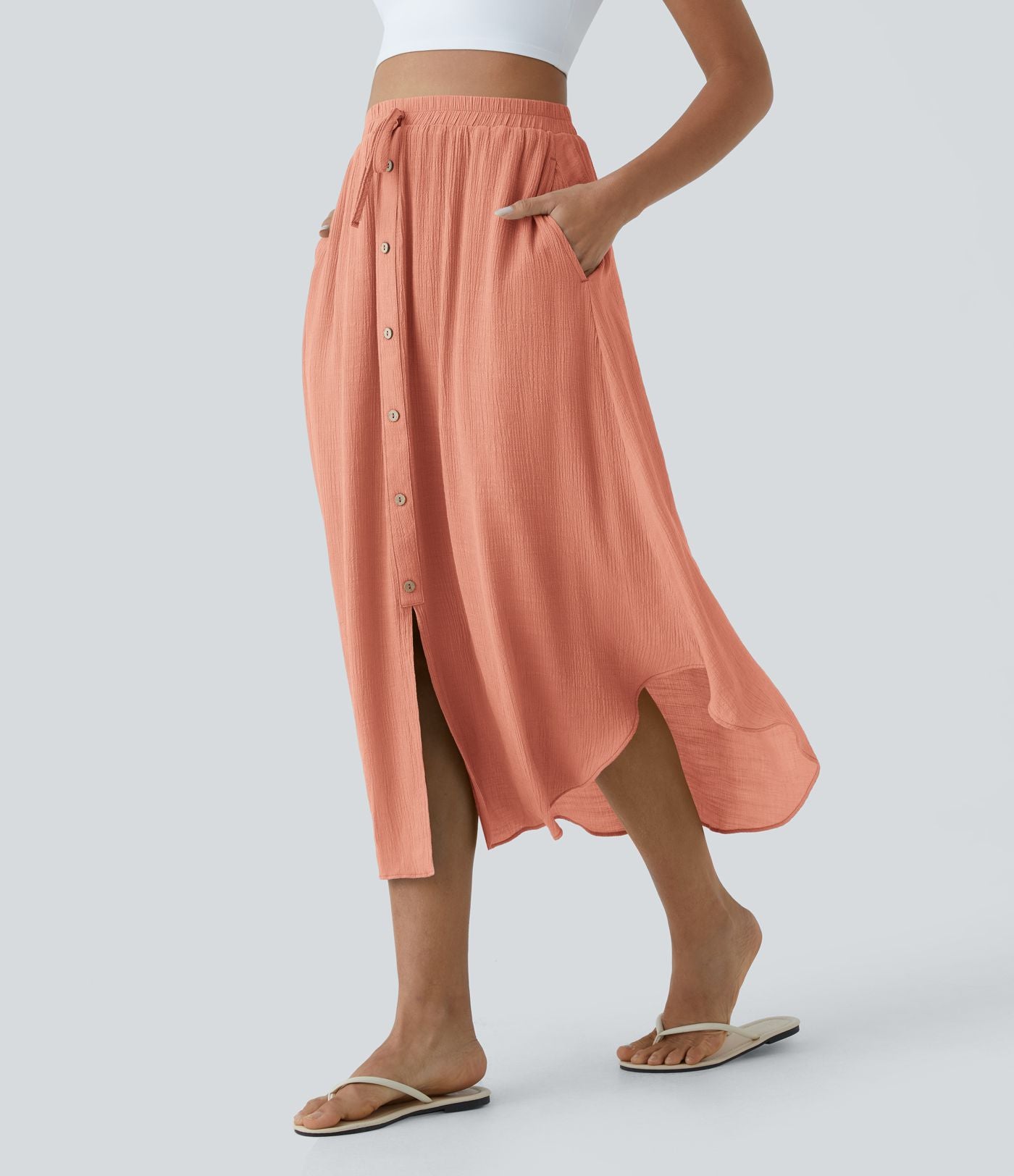 Jupe Midi Fluide Taille Haute Cordon de Serrage Boutonnés Poches Latérales
