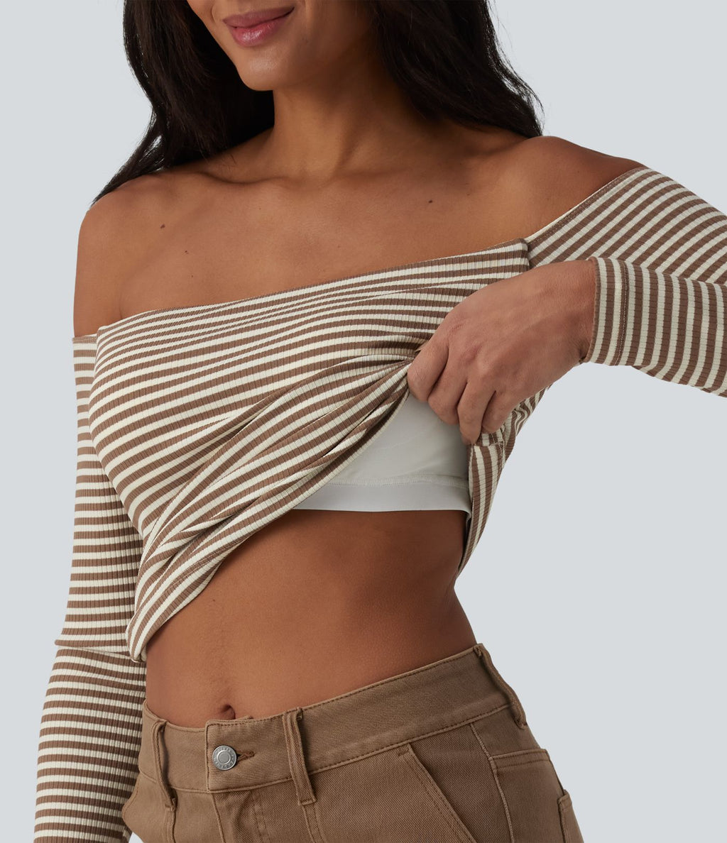 Top casual côtelé à rayures épaules dénudées manches longues avec soutien-gorge intégré