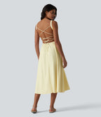 Robe fluide midi de villégiature sans manches, encolure carrée, dos nu croisé, fronces et soutien-gorge intégré