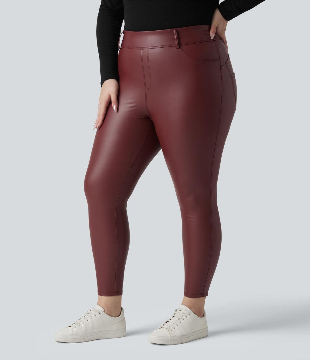 Legging grande taille en simili stretch doublé polaire, taille haute avec poches