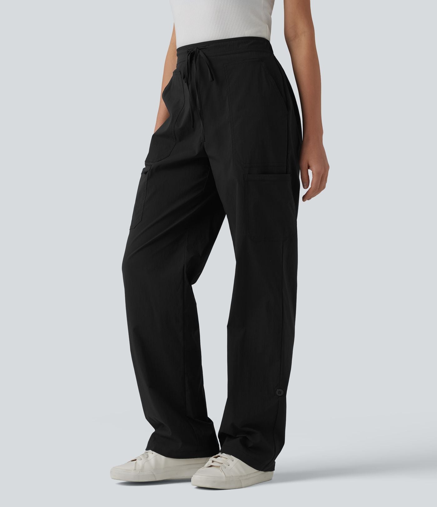 Pantalon cargo droit taille mi-haute avec cordon de serrage, longueur ajustable et poches