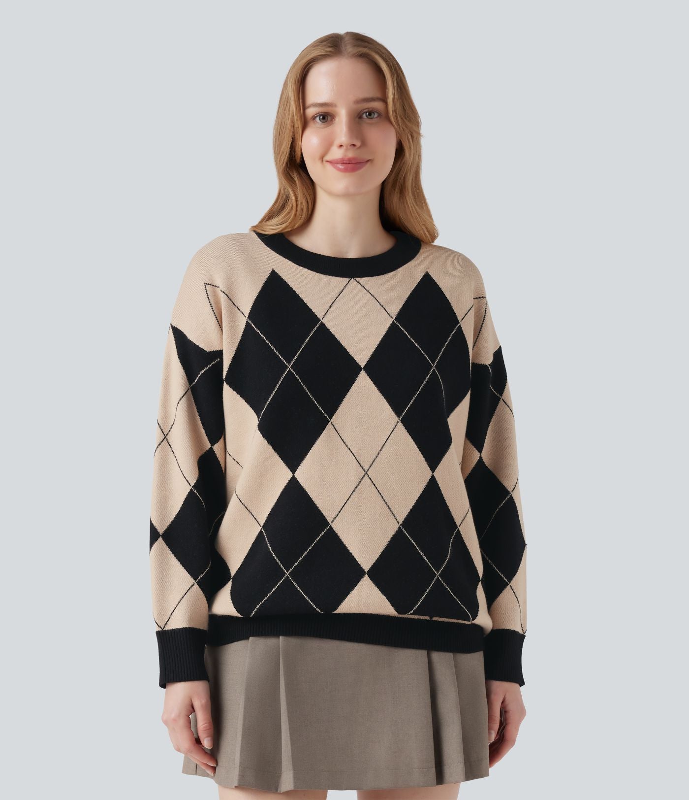 Pull de travail carreaux losange col rond manches longues