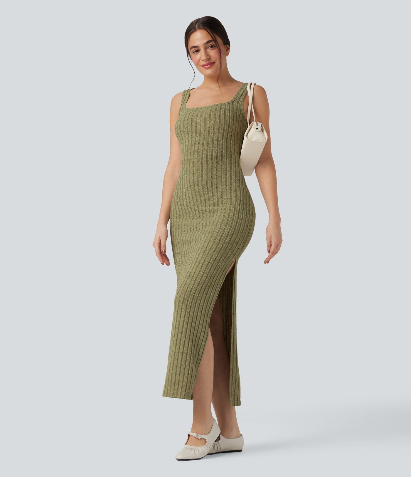 Robe longue moulante décontractée maille côtelée col carré sans manches dos torsadé avec fente