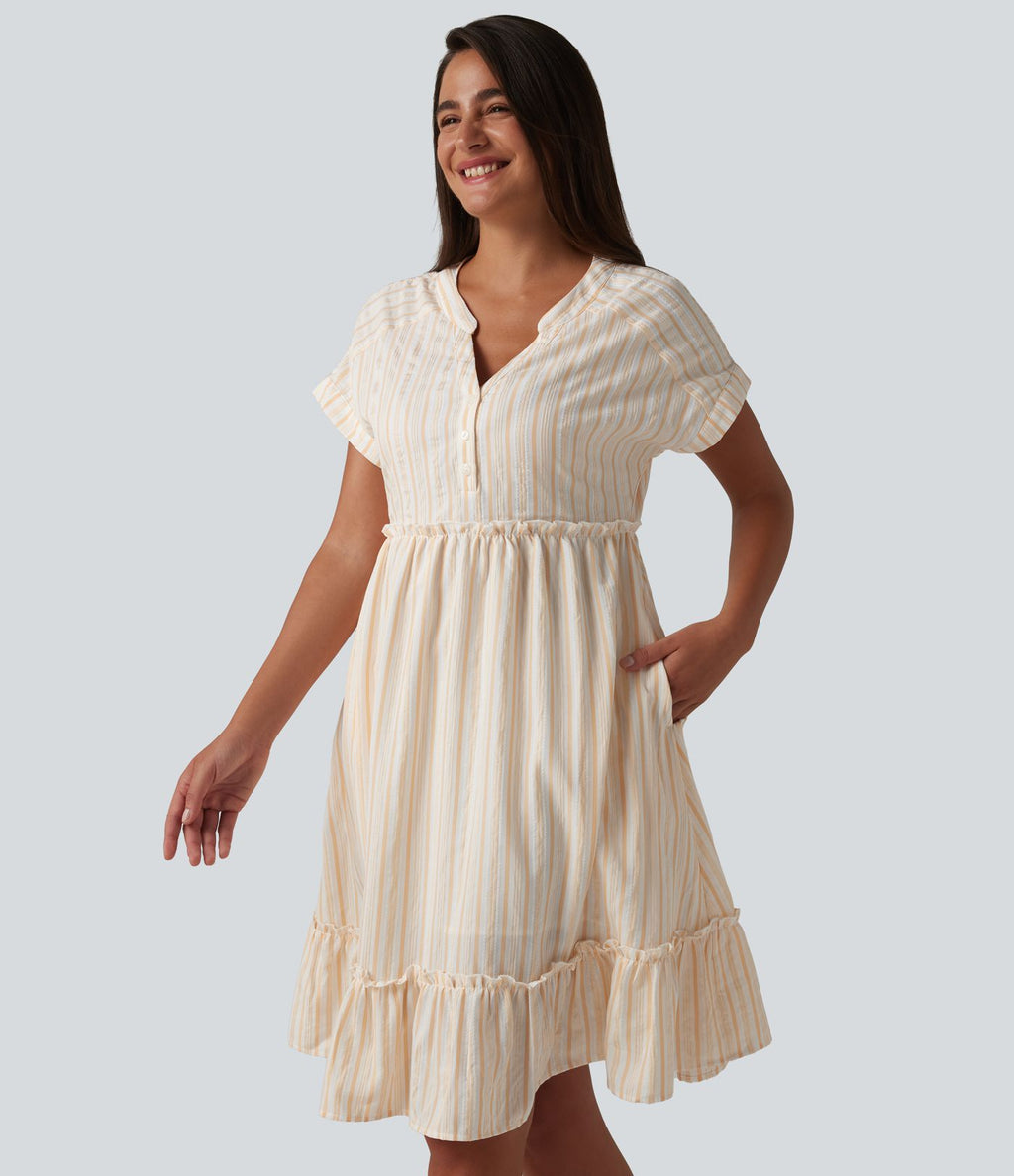 Robe décontractée mini col V manches courtes à rayures avec poches