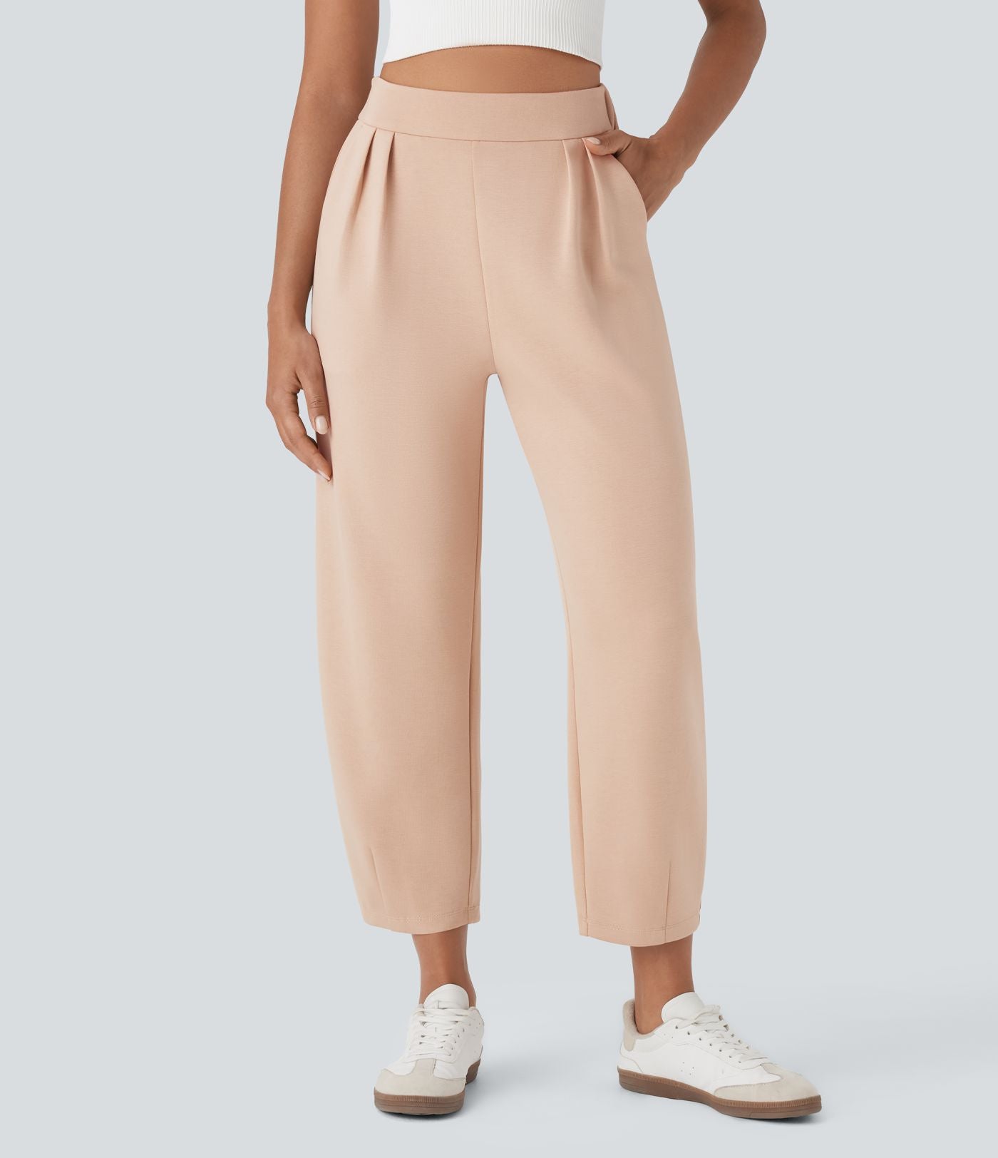 Pantalon décontracté taille haute coupe tonneau avec poches
