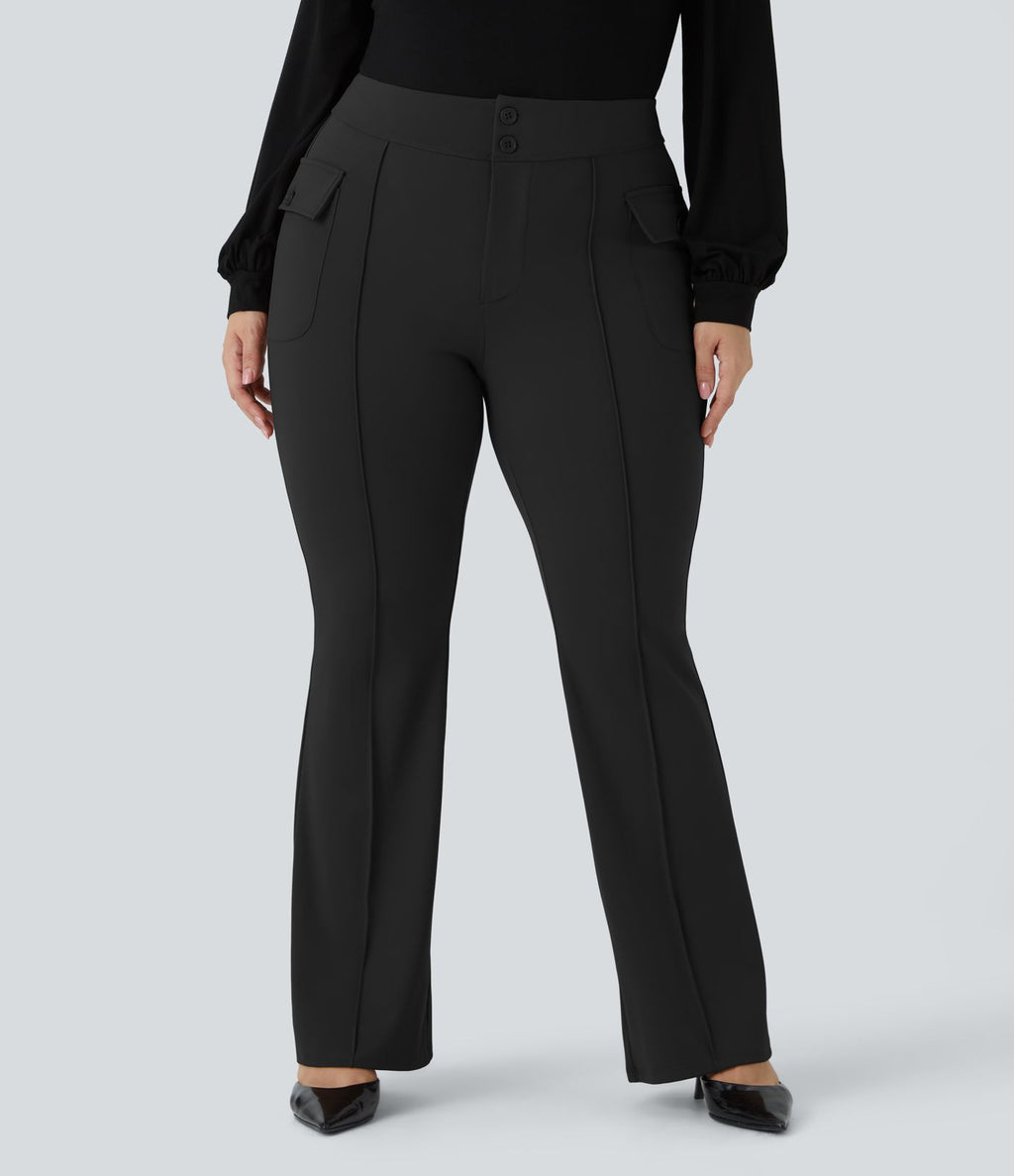 Pantalon cargo évasé taille haute grande taille avec poches à rabat latérales