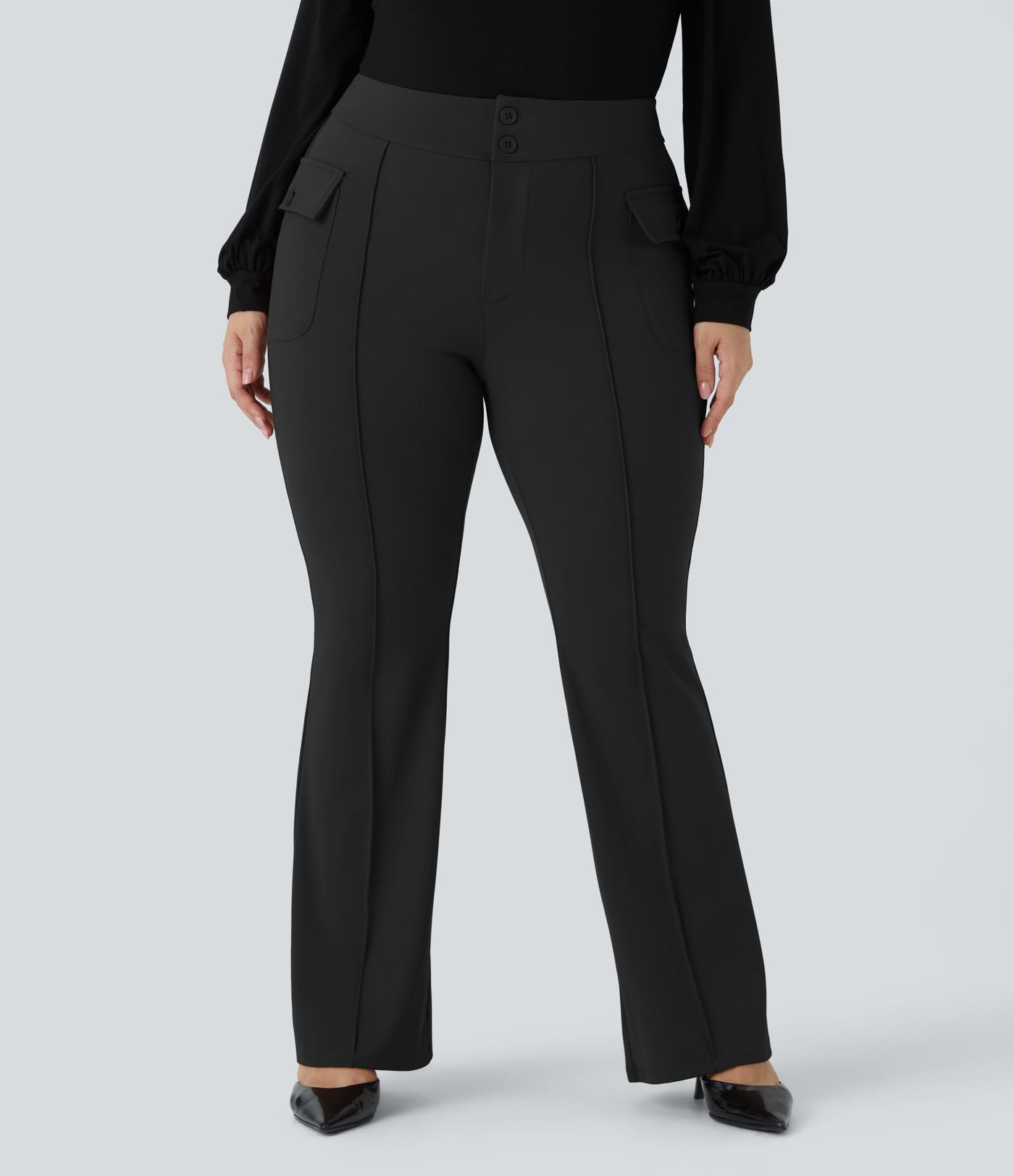 Pantalon cargo évasé taille haute grande taille avec poches à rabat latérales