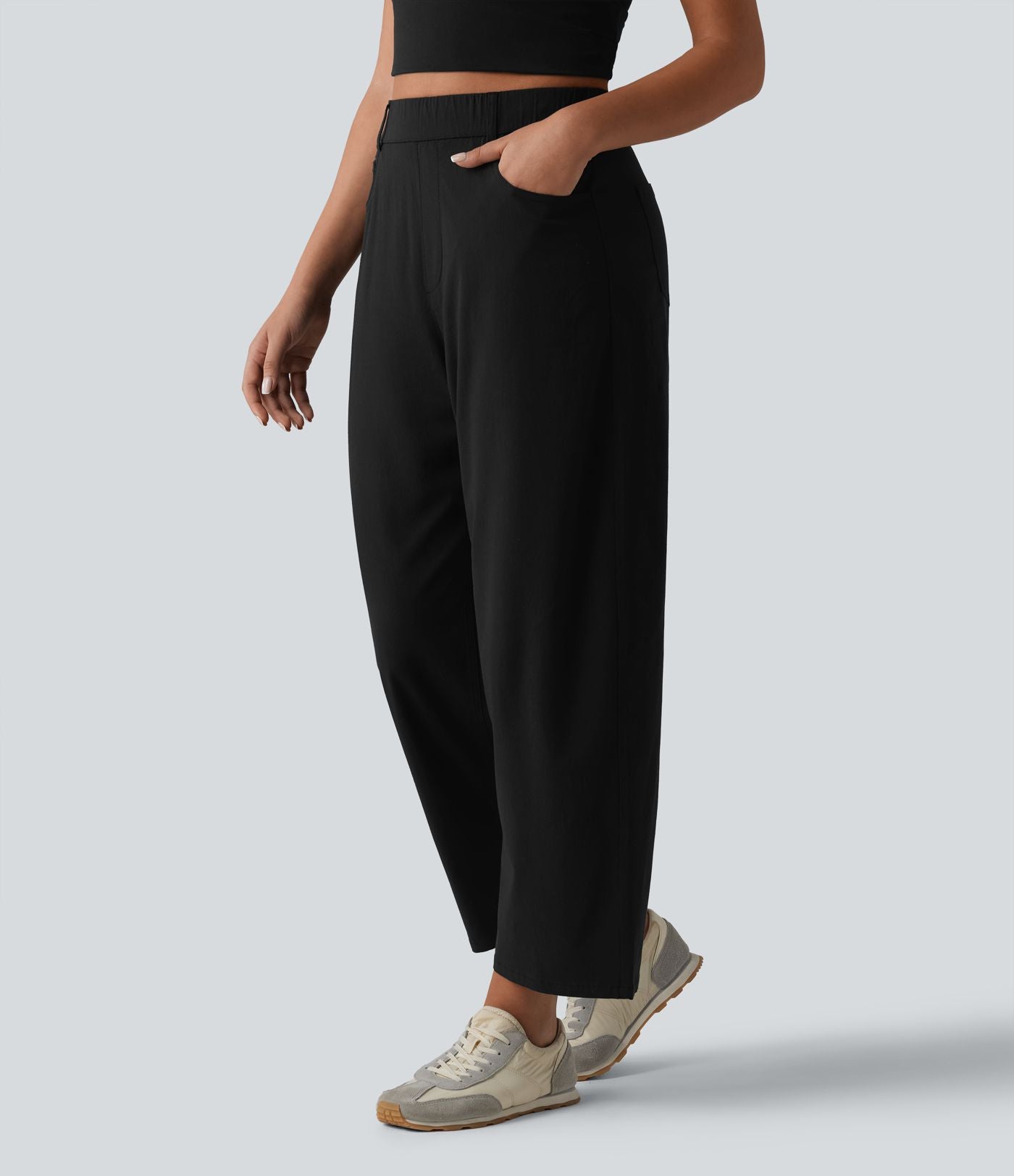 Pantalon casual taille haute en lin stretch coupe barrel avec poches