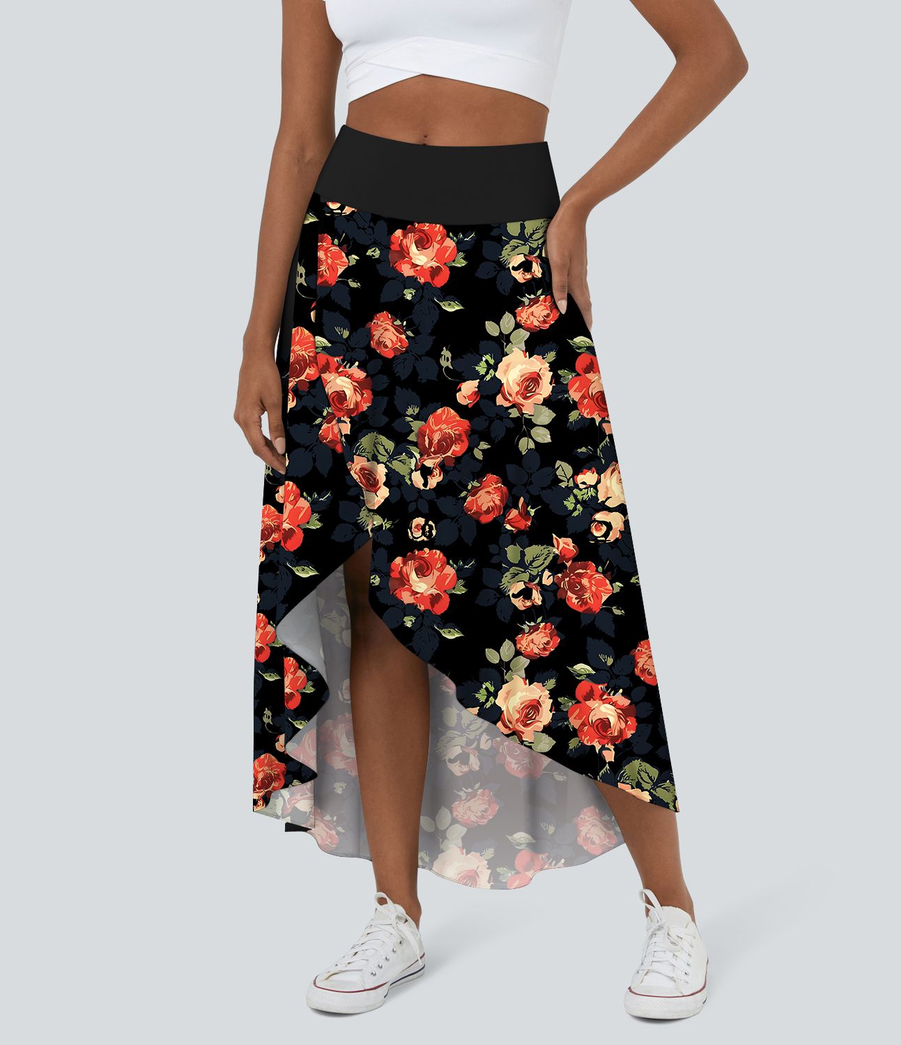 Jupe Maxi Casual Imprimé Floral 2 en 1 Taille Haute avec Volants Hauts et Bas