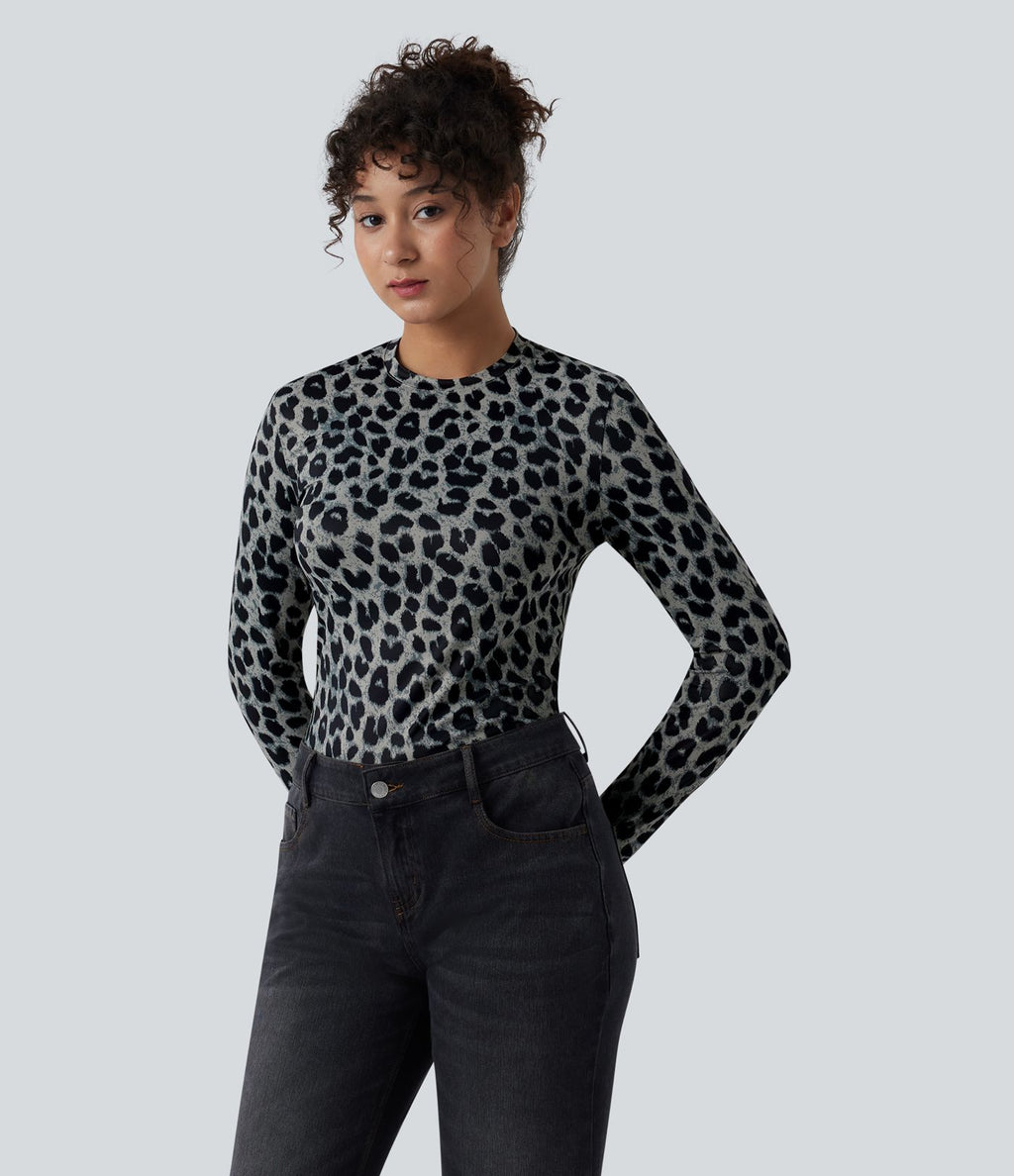 Top casual ajusté col rond manches longues imprimé léopard