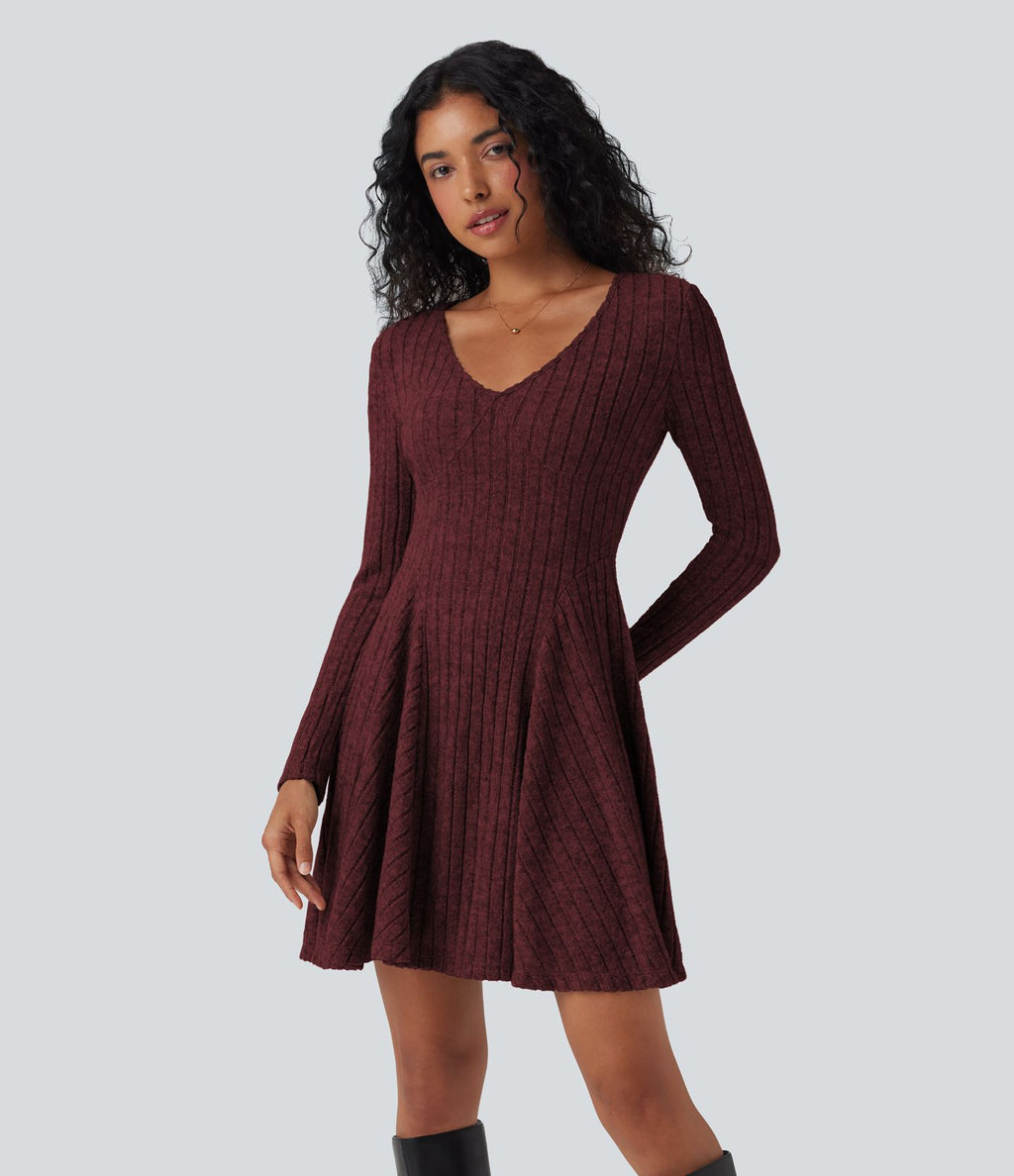 Robe décontractée mini évasée maille côtelée col V manches longues