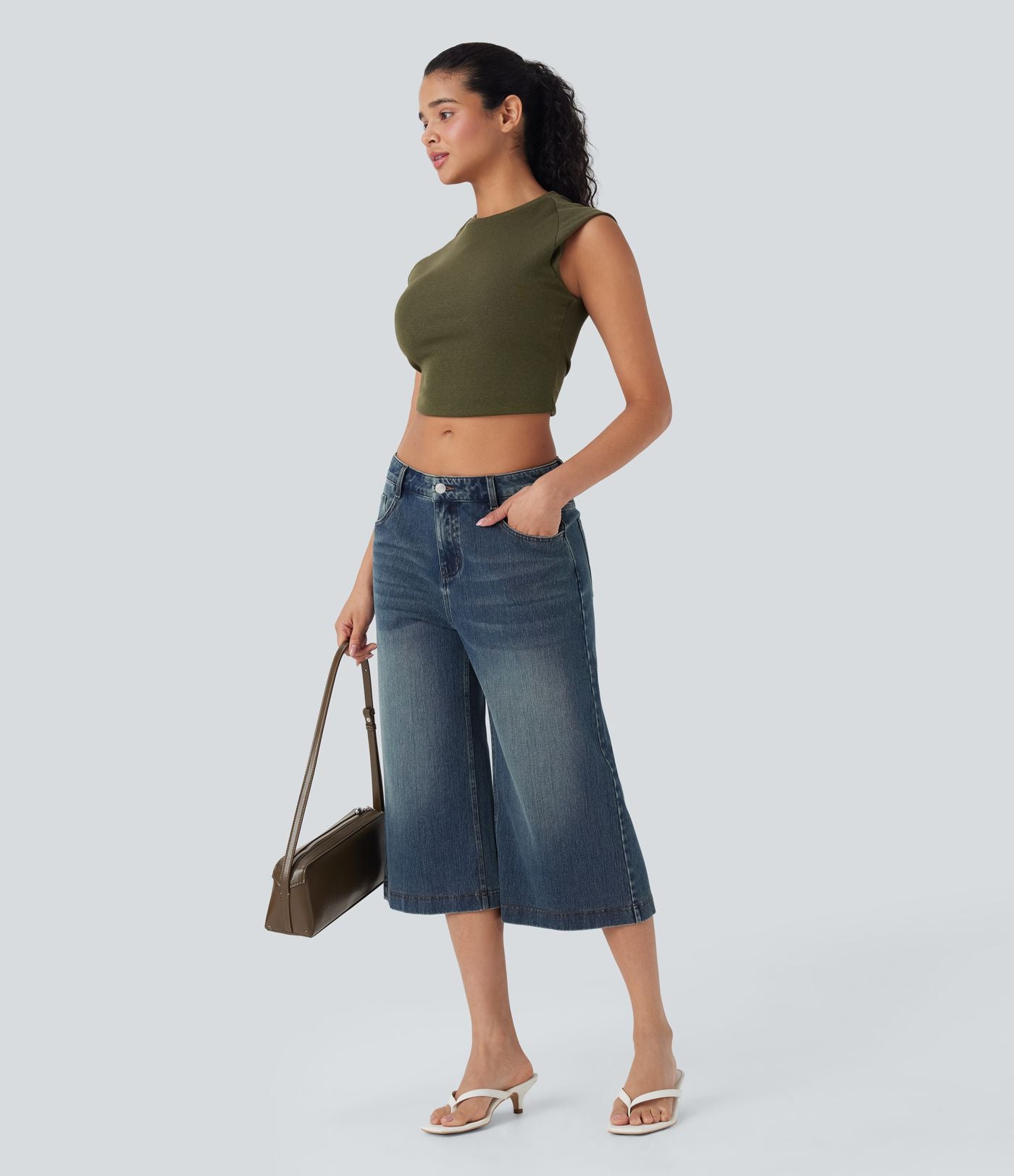 Jean capri décontracté Halara Flex™ baggy taille basse en maille extensible délavée avec poches