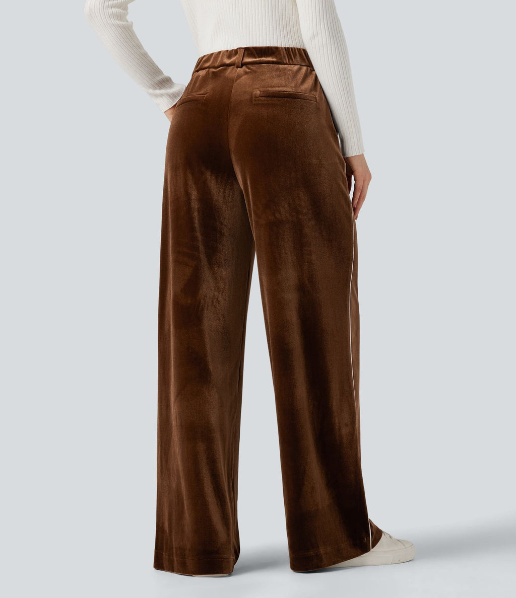 Pantalon velours color block coupe droite taille haute avec poches
