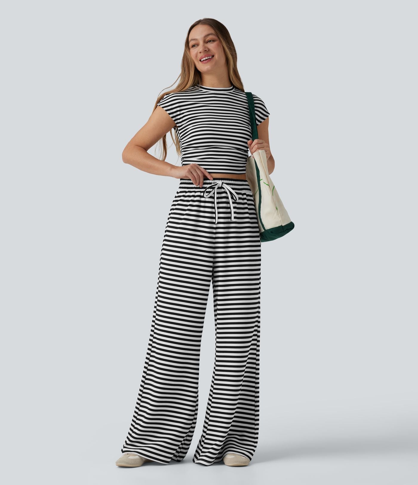 Pantalon large casual à rayures en maille gaufrée taille haute avec cordon de serrage et poches