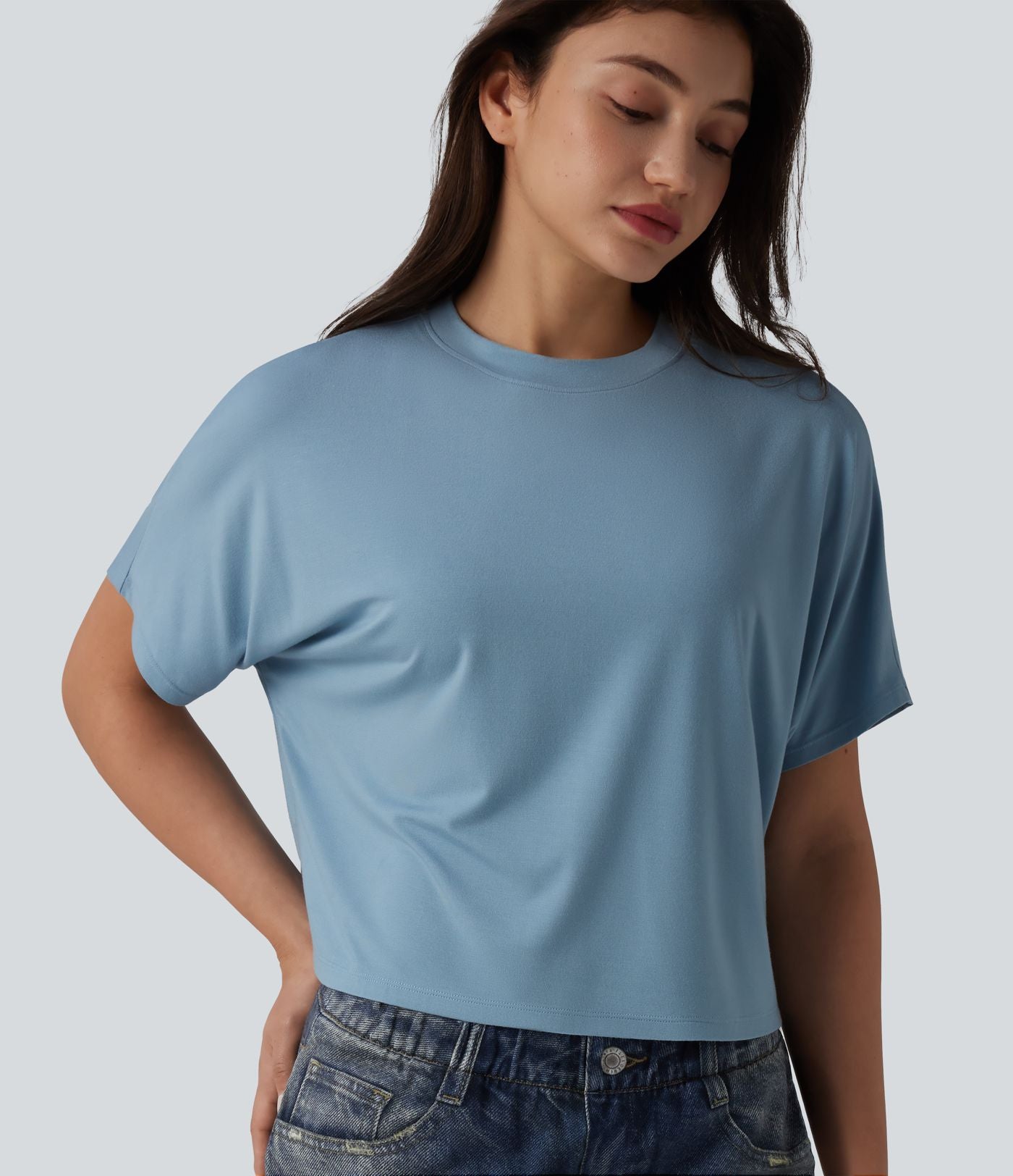 T-shirt décontracté col rond manches chauve-souris courtes