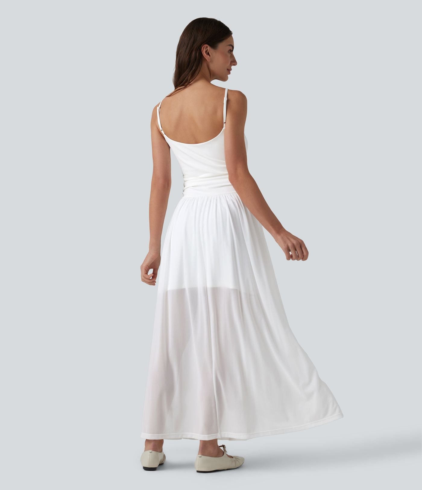Robe nuisette longue décontractée fluide bretelles réglables froncée mesh contrasté soutien-gorge intégré