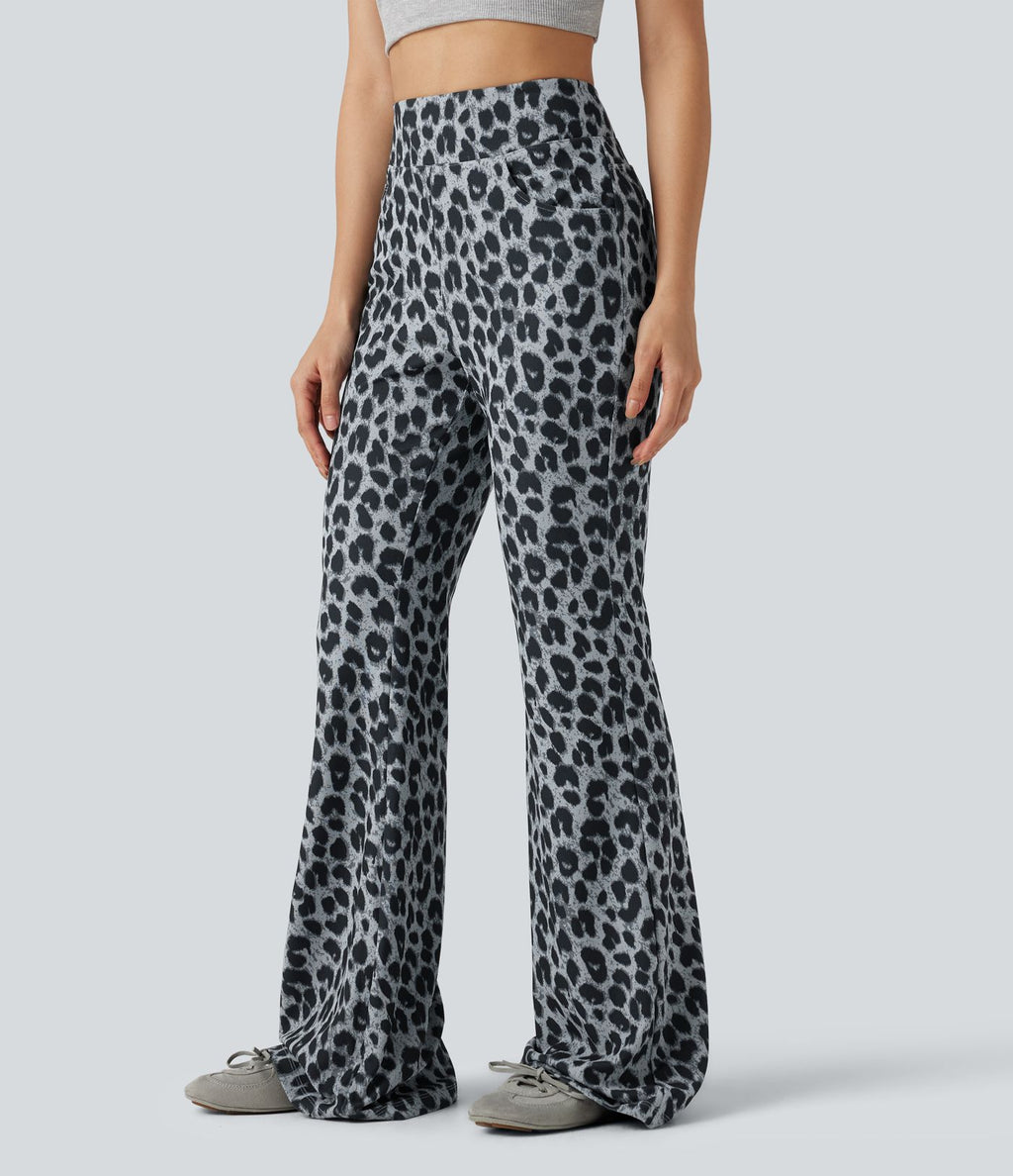 Pantalon flare taille haute en tissu gaufré imprimé léopard avec poches
