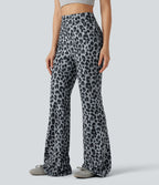 Pantalon flare taille haute en tissu gaufré imprimé léopard avec poches