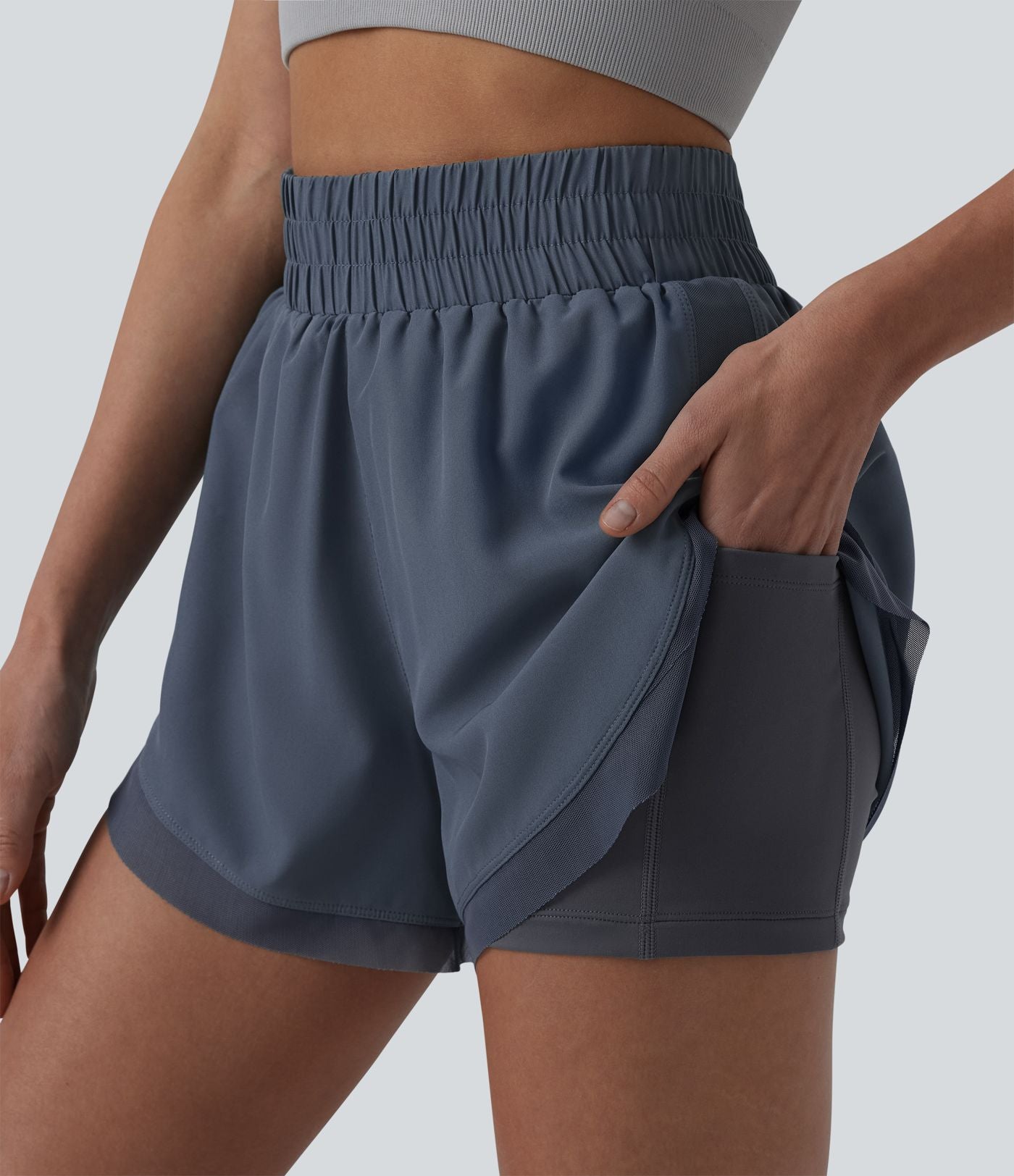 Short de running 2-en-1 taille haute mesh contrasté avec poches