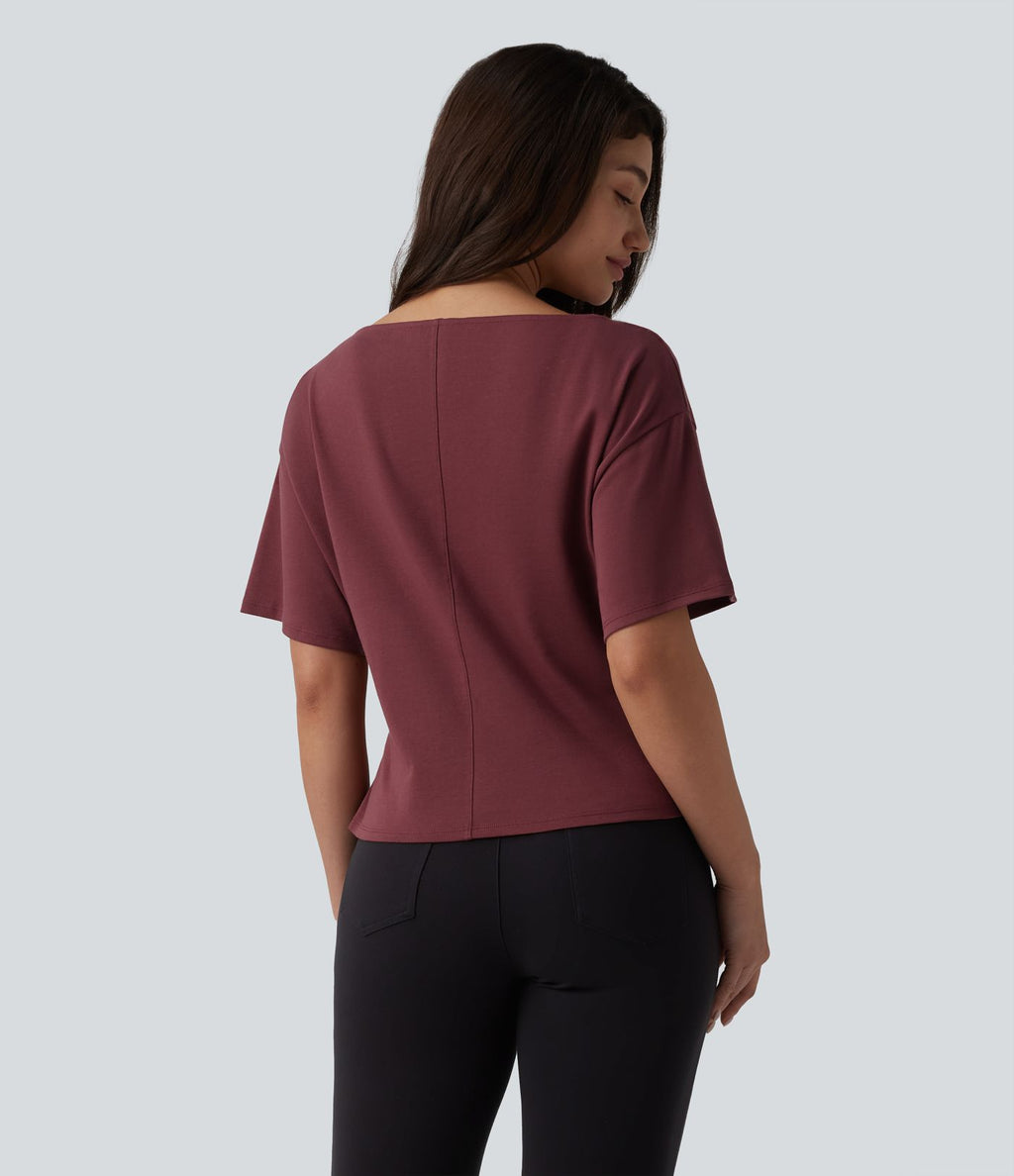 T-shirt tailleur col bateau manches courtes en coton