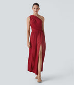 Robe longue de soirée col V, manches courtes, dos croisé à nouer, fendue avec poche latérale