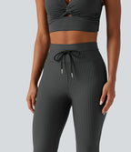 Pantalon de yoga flare taille haute rayé avec cordon de serrage et poches