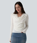 Haut décontracté côtelé col drapé manches longues dentelle contrastante