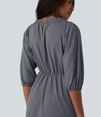 Robe midi casual col V à manches trois-quarts aspect lin, avec poches