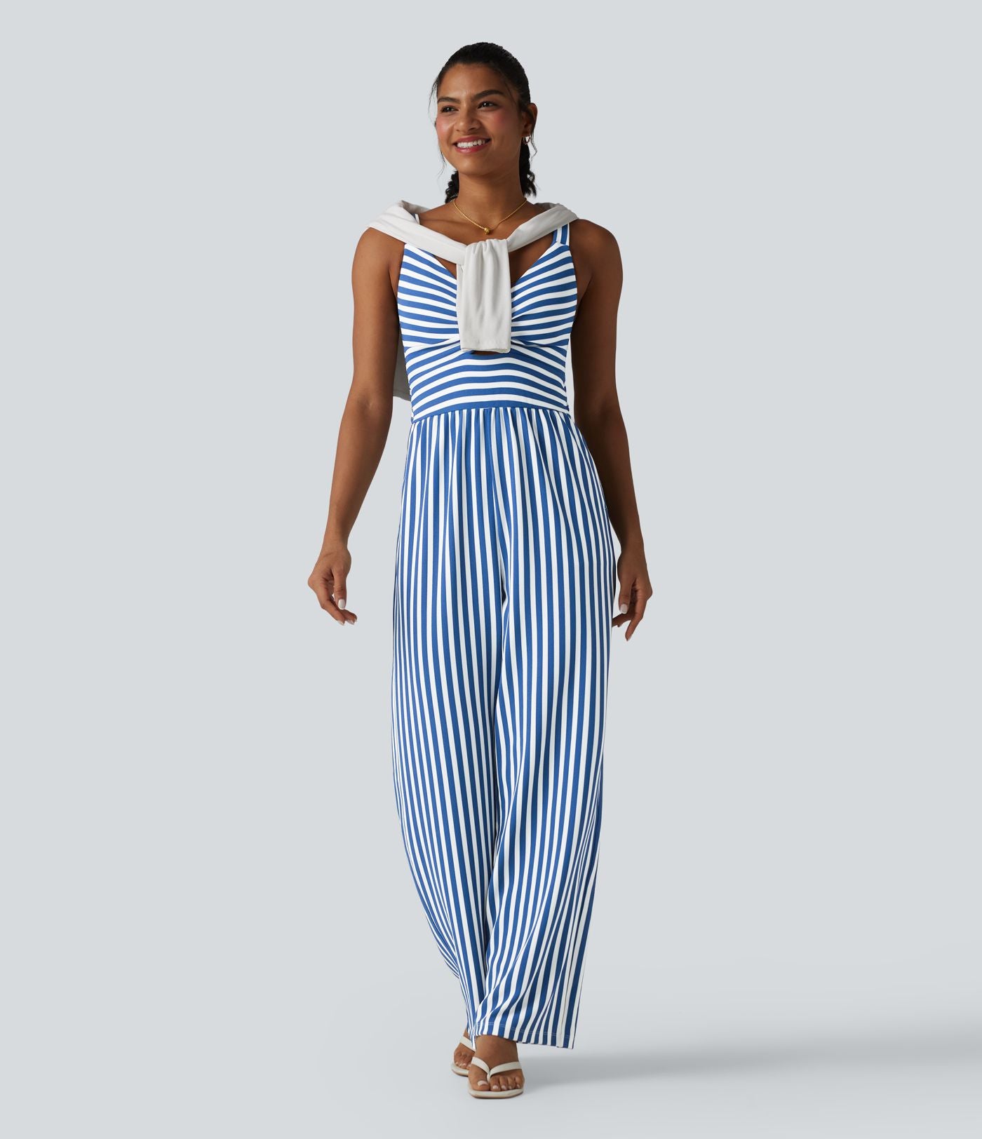 Combinaison casual sans manches à rayures en nid d'abeille torsadée froncée fermeture éclair invisible avec soutien-gorge intégré et poches - Easy Peasy
