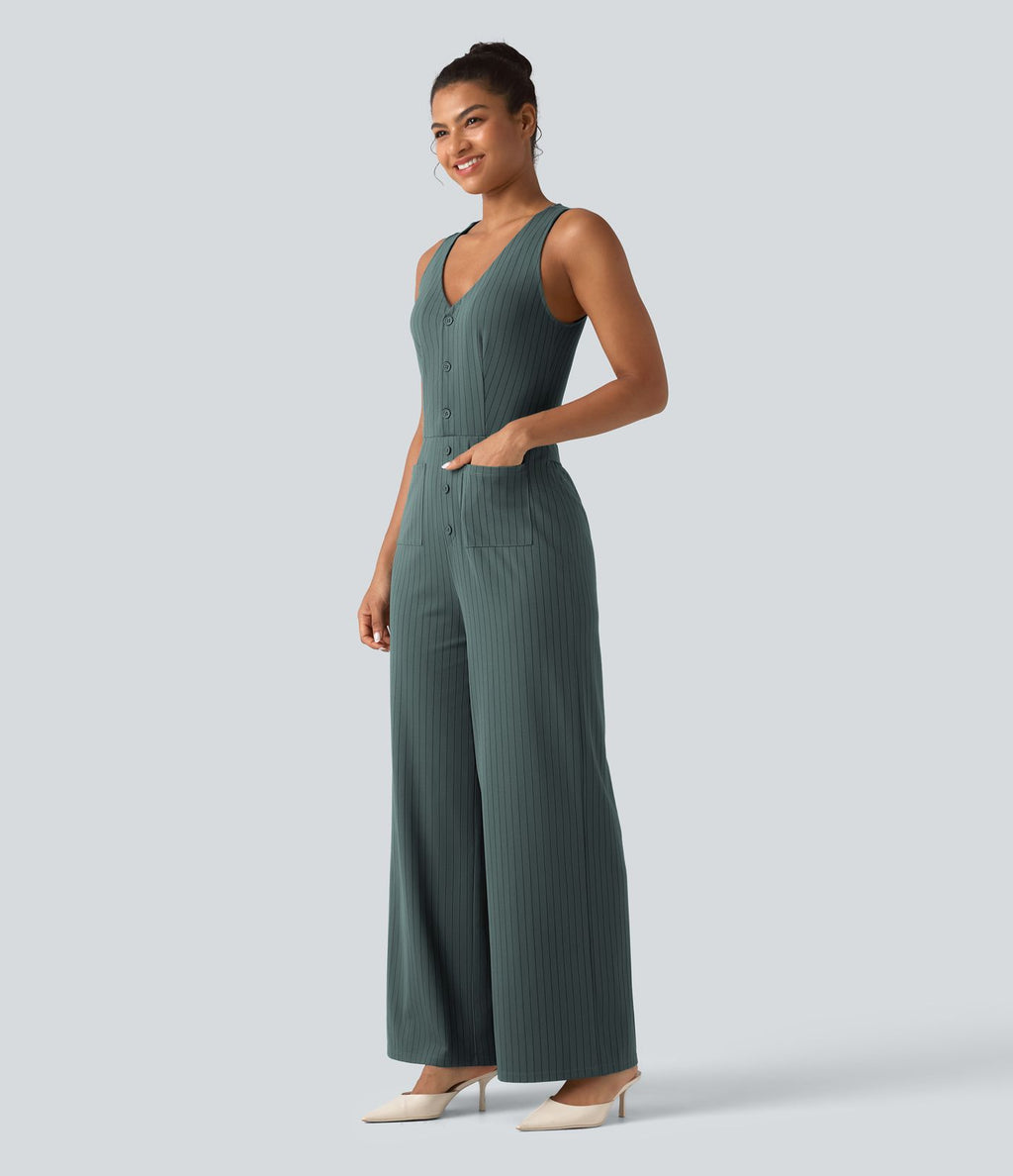 Combinaison tailleur rayée à jambes larges, décolleté en V, découpe et poches