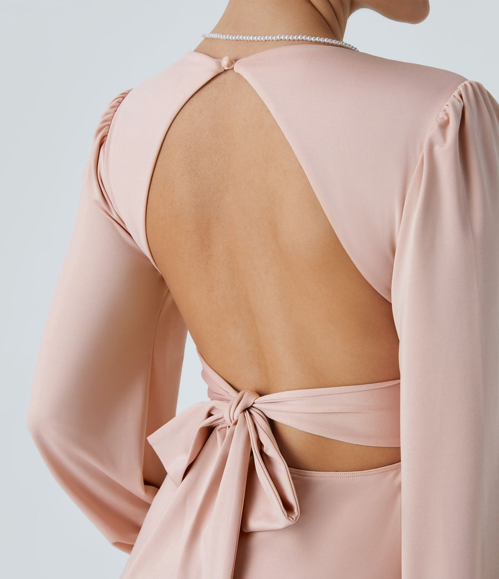 Robe longue de demoiselle d'honneur et invitée de mariage, col V, dos nu, liens à nouer, boutons et manches évasées