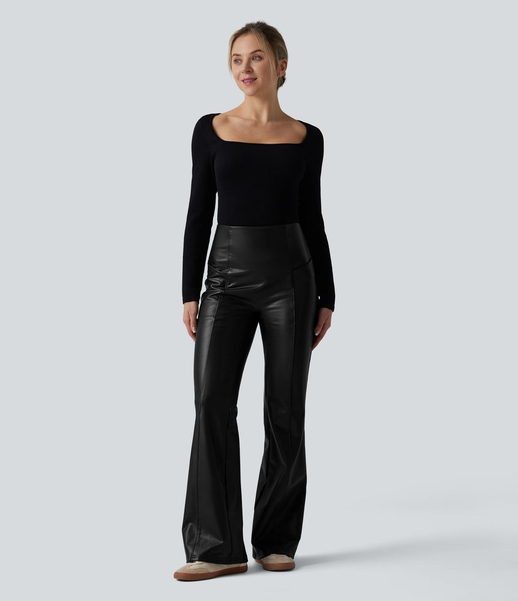 Pantalon évasé décontracté taille haute gainant en molleton PU extensible avec poches
