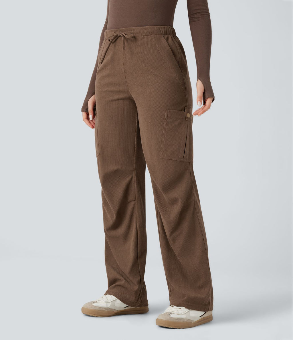 Pantalon jogging cargo velours côtelé coupe droite taille mi-haute avec cordon de serrage et poches