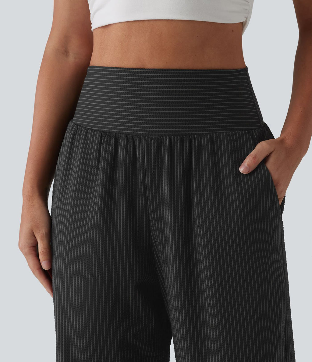 Pantalon décontracté taille haute ventre plat à rayures séchage rapide avec poches - UPF40+