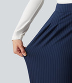 Pantalon tailleur large taille haute à rayures avec boutons décoratifs et poches